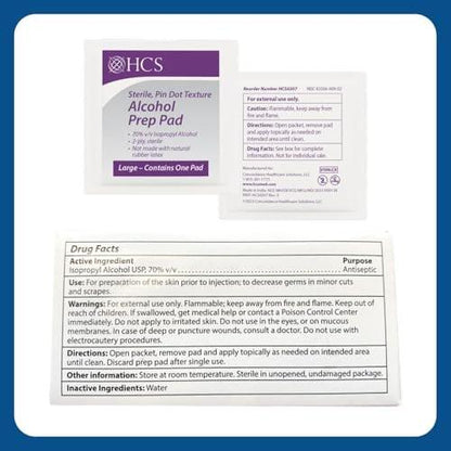 HCS Large Alcohol Prep Pads - 70% Isopropyl Alcohol Wipes, Individually Wrapped - 2 ply, Textured, Sterile Skin Prep Swabs (400/Box)