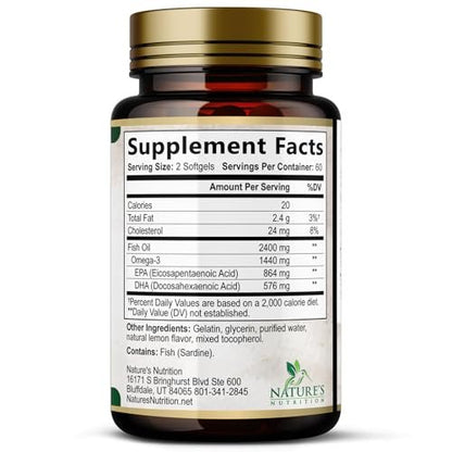 Omega 3 Fish Oil Supplements - 2400mg Fish Oil Per Serving - Triple Strength Omega-3 with EPA & DHA Fatty Acids - Natural Heart, Brain & Immune Support - Wild Caught, Bottled in USA - 120 Softgels