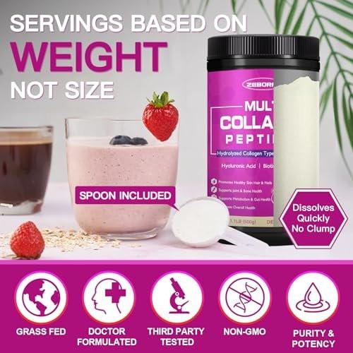 ZEBORA Collagen Peptides Powder 50 Servings - Hydrolyzed Multi Collagen Type I II III V X with Hyaluronic Acid, Biotin, Vitamin C - Support Skin Hair Nail Joints Unflavored, Keto & Paleo Friendly - görsel 10