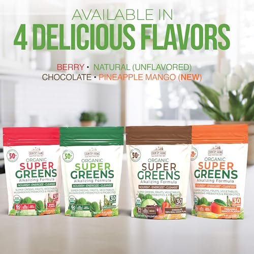 Country Farms Super Greens Berry Flavor, 50 Organic Super Foods, USDA Organic Drink Mix (Wheat Grass, Spirulina, Chlorella) Mushrooms & Probiotics, with Fiber, Gut Health, Natural Energy, 30 Servings - görsel 9