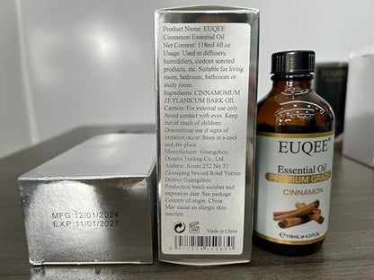 EUQEE Cinnamon Essential Oil 118ml Pure Essential Oil for Diffuser, Aromatherapy, DIY Soap, Candle Making - 4 Fl Oz (Pack of 1)