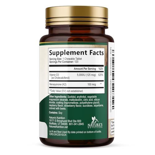 Vitamin D3 K2 Supplement | 5000 IU D3 + K2 100 mcg | MK-7 K2 with Vitamin D | Supports Immune, Heart, Teeth & Bone Health - Nature's Easy to Chew, VIT D3 K2, Non-GMO, Tasty Berry Flavor - 120 Tablets - görsel 14
