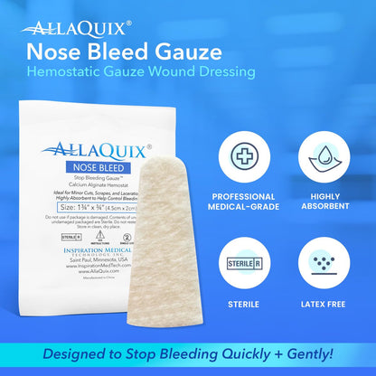 AllaQuix Nose Bleed Stopper – Hemostatic Gauze Plugs Made with Calcium Alginate (Box of 12) – Fast Relief for Nosebleeds | Highly Absorbent, Soft, Sterile, Safe for Blood Thinners