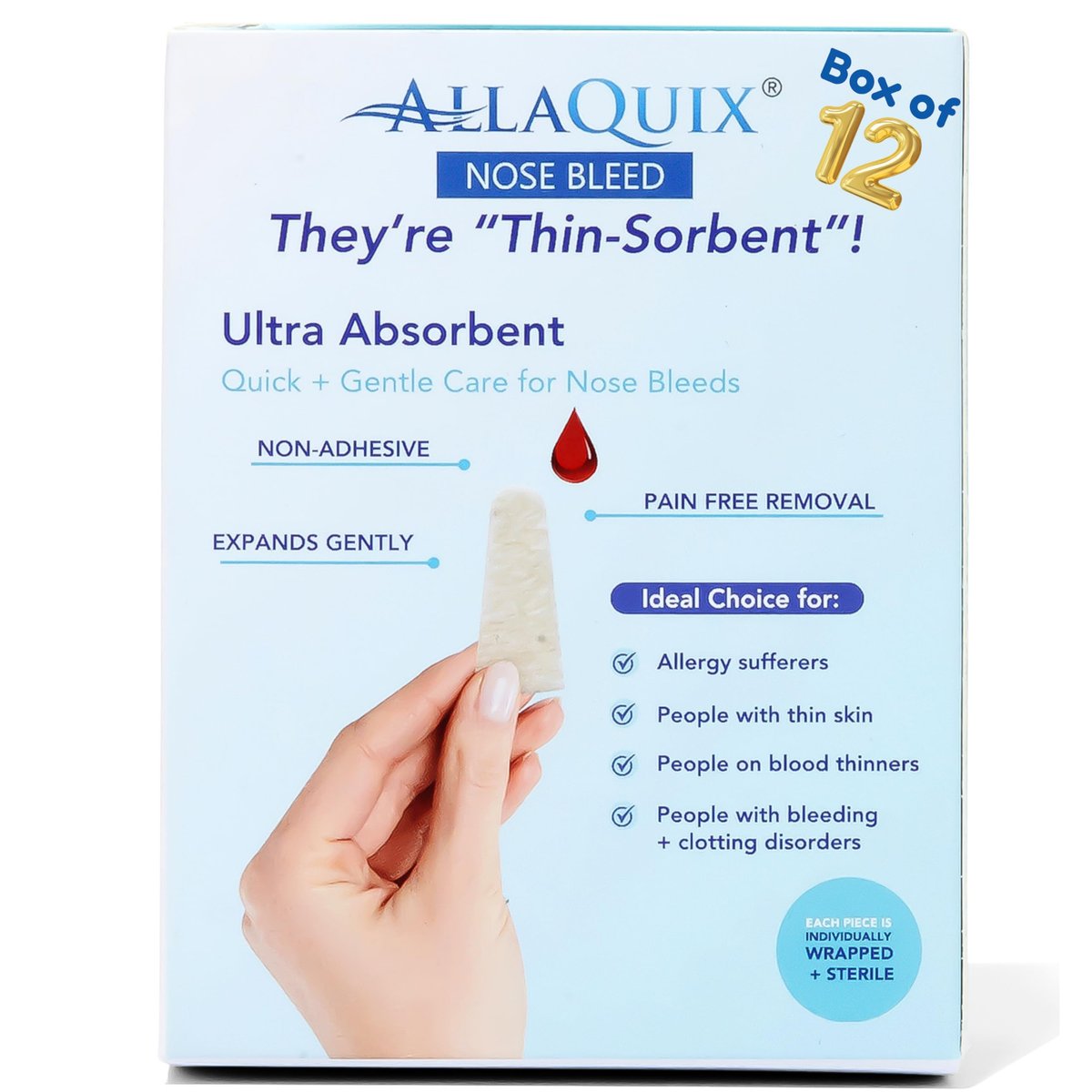 AllaQuix Nose Bleed Stopper – Hemostatic Gauze Plugs Made with Calcium Alginate (Box of 12) – Fast Relief for Nosebleeds | Highly Absorbent, Soft, Sterile, Safe for Blood Thinners - görsel 1