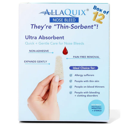 AllaQuix Nose Bleed Stopper – Hemostatic Gauze Plugs Made with Calcium Alginate (Box of 12) – Fast Relief for Nosebleeds | Highly Absorbent, Soft, Sterile, Safe for Blood Thinners