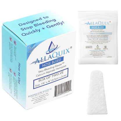 AllaQuix Nose Bleed Stopper – Hemostatic Gauze Plugs Made with Calcium Alginate (Box of 12) – Fast Relief for Nosebleeds | Highly Absorbent, Soft, Sterile, Safe for Blood Thinners