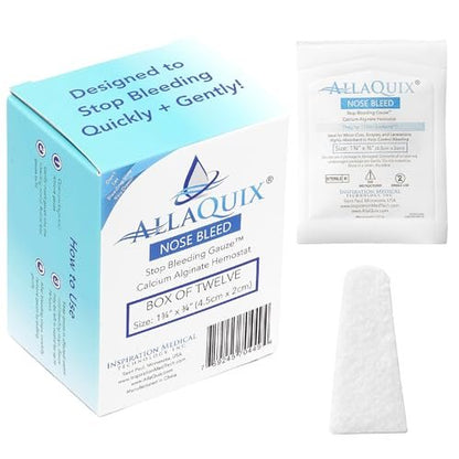 AllaQuix Nose Bleed Stopper – Hemostatic Gauze Plugs Made with Calcium Alginate (Box of 12) – Fast Relief for Nosebleeds | Highly Absorbent, Soft, Sterile, Safe for Blood Thinners