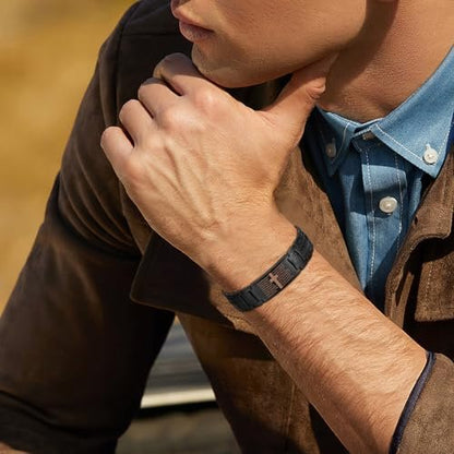 MagEnergy Copper Cross Bracelet for Men - Ultra Strength Magnetic Copper Mens Cross Bracelets - Adjustable Copper Bracelet with Sizing Tool Jewelry Box (Black)