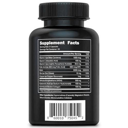 Vital Vitamins Biotin Complex Pills - with Hyaluronic Acid, MSM, Collagen, & Vitamin C - Supplement for Hair, Skin, & Nails - 60 Capsules