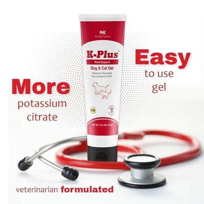K-Plus Gel for Dogs & Cats – Potassium Citrate & Cranberry Supplement for Kidney, Urinary Tract Health, UTI Relief, Stone Prevention, Electrolyte Balance, Muscle & Heart Function - Made in USA - 5 oz