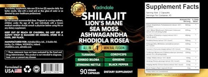Adndale Shilajit for Men and Women. Pure Himalayan Organic Shilajit Capsules with Sea Moss Ashwagandha Rhodiola Rosea Lion’s Mane. 90 Count