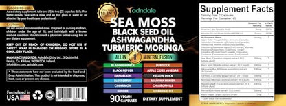 Adndale Sea Moss Capsules - Sea Moss Blend with Ashwagandha, Turmeric & Black Seed Oil - 90 Count
