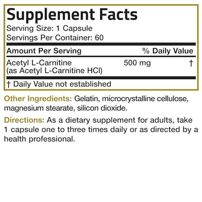 Bronson Acetyl L-Carnitine 500 MG High Potency Amino Acid Non-GMO, 60 Capsules