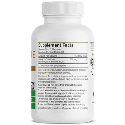 Bronson Acetyl L-Carnitine 500 MG High Potency Amino Acid Non-GMO, 60 Capsules