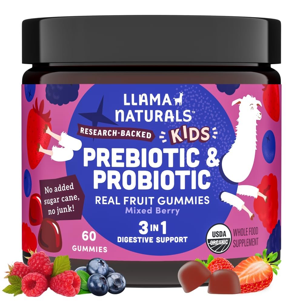 Llama Naturals Kids Probiotic with Prebiotic Fiber, Vegan, Organic Prebiotics and Probiotics Gummies for Gut Health Support, Toddler Real Fruit Gummy Vitamins, No Added Sugar Cane, Mixed Berry, 60 Ct - görsel 1