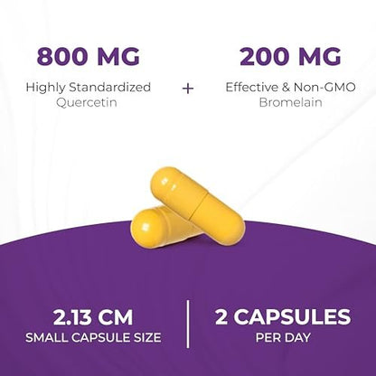 Quercetin with Bromelain Vegetarian Supplement Capsules | 120 Count (1000mg Per Serving 2400 GDU/g) | Supports Healthy Immune System, Helps With Seasonal Allergy Support | High Absorption Antioxidant