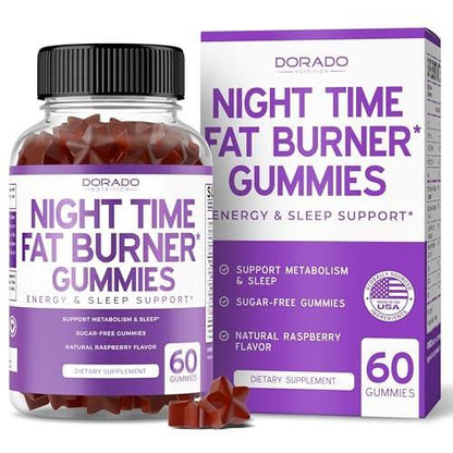 Night Time Fat Burner Gummies (60 Count) Weight Loss & Metabolism - Sugar-Free - Delicious Raspberry Flavored Melatonin Supplement Gummies - Vegan Safe - Third Party Tested - Made in USA