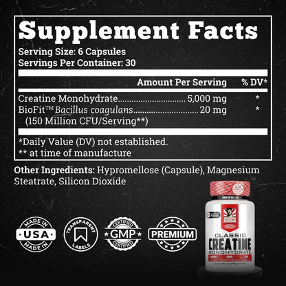 Old School Labs 5000mg Micronized Creatine Monohydrate with BioFit™ Probiotic - No Bloat Post-Recovery for Men & Women Supports Muscle Growth, Strength & Performance - Capsules