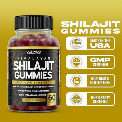Shilajit Gummies For Men & Women (High Potency Gold Grade with 85+ Trace Minerals with Fulvic Acid) - Energy & Immunity Support - Third Party Tested, Non GMO, Vegan & Made in USA - (60 Gummies)