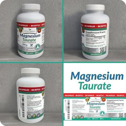 Magnesium Taurate 400mg | High Absorption | 200 Capsules for Sleep, Heart Health, Calm, Joint Supplement for Women and Men | Pure Elemental Mag Powder Plus Taurine - Extra Strength Pills
