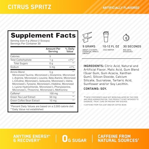 Optimum Nutrition Amino Energy - Pre Workout with Green Tea, BCAA, Amino Acids, Keto Friendly, Green Coffee Extract, Energy Powder - Citrus Spritz, 9.5 Ounce, 30 Servings (Packaging May Vary) - görsel 7