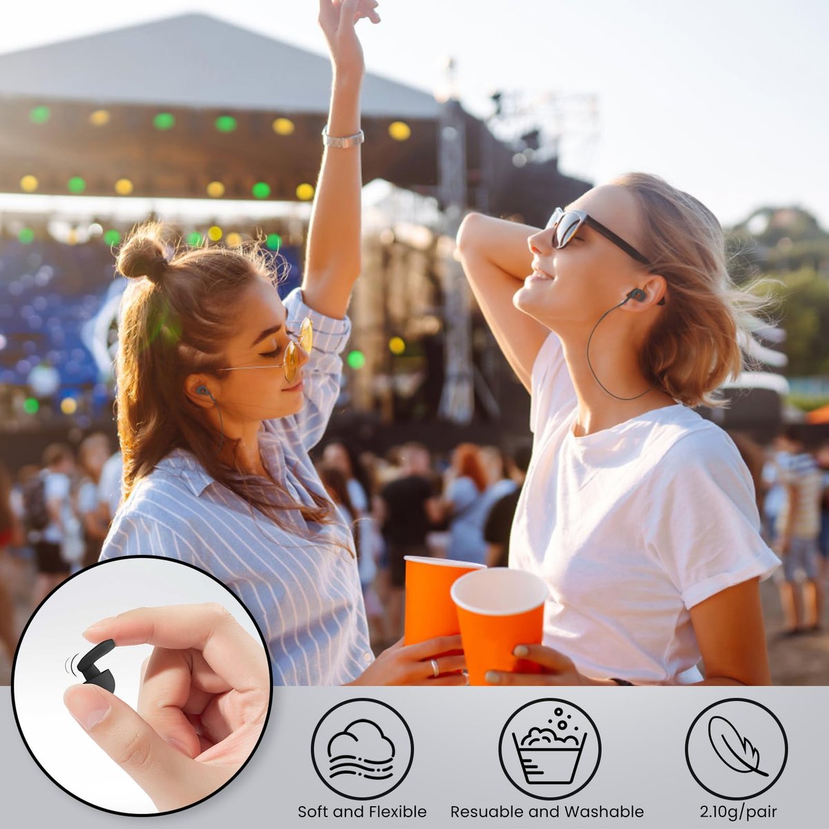 LOETRUY 2 Pairs of Ear Plugs for Sleeping, Reusable Hearing Protection Earplugs with 8 Pairs Ear Tips & One Connector Cord, Soft Ear Plugs for Noise Reduction, Concert, Musician & Work - 25dB-30dB - görsel 11