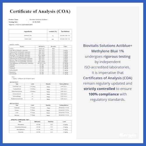 Biovitalis Solutions Actiblue+ Methylene Blue 1% : Methylene Blue ISO Certified Third Party Lab Tested 99,9% No Formaldehyde No Alcohol No Gluten&GMO (2 Fl Oz) - görsel 6
