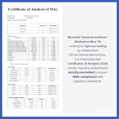Biovitalis Solutions Actiblue+ Methylene Blue 1% : Methylene Blue ISO Certified Third Party Lab Tested 99,9% No Formaldehyde No Alcohol No Gluten&GMO (2 Fl Oz)