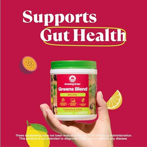Amazing Grass Greens Blend Mood, Super Greens Powder Smoothie Mix for Stress Support, L-Theanine, Relaxation, Spirluna, Probiotics, Passionfruit Citrus, 30 Servings, 7.4 Ounce (Packaging May Vary) - görsel 9