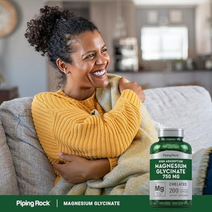 Piping Rock Magnesium Glycinate Capsules | 750mg | 200 Pills | Chelated Supplement | High Absorption | Non-GMO and Gluten Free