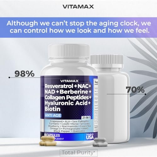 Vitamax Resveratrol NAD+ Berberine Hyaluronic Acid - Biotin Grape & Blueberry + NAC - Collagen Peptides - Hair, Nail, Skin & Joint Supplement - 21-in-1 Women and Men - Made in USA - 120 Count - görsel 10