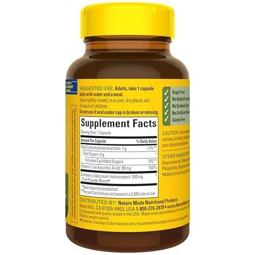 Nature Made Cranberry Supplement 500mg with Vitamin C for Immune & Antioxidant Support, Cranberry Blend for Urinary Tract Health, One Per Day, 60 Capsules - görsel 1