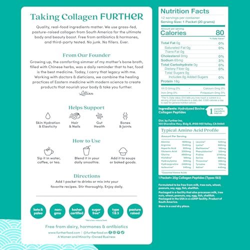 Further Food Unflavored Collagen Peptides Powder - 100% Grass-Fed, Hydrolyzed Type 1 & 3, 20g of Collagen per Serving, Supports Skin, Hair, Nails & Joints, Stick Packs 8.47 Oz - görsel 9