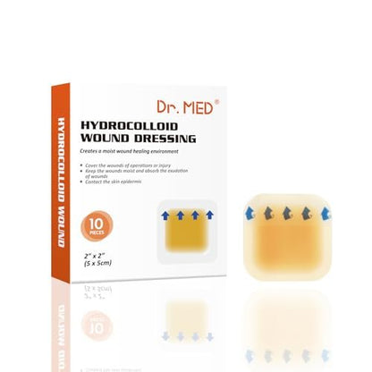Dr. Med Hydrocolloid Wound Dressing 2"x2"-10 Pack/Box, Waterproof Adhesive Bordered Bandage, for Light Exudate, Abrasions, Pressure Ulcer, Bed Sore, Superficial Wound Care