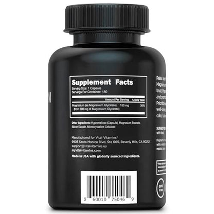 Vital Vitamins Magnesium Glycinate 500mg - High Absorption Formula - Promotes Relaxation, Calmness, & Restful Sleep - Pure Magnesium Supplement for Men & Women - 180 Capsules, Vegan, Non-GMO