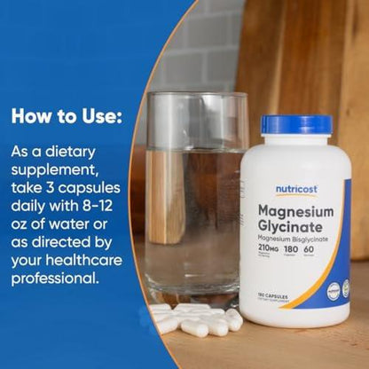 Nutricost Magnesium Glycinate Capsules (180 Capsules, 210 mg Per Serving) - Magnesium Glycinate Supplement for Gentle Absorption