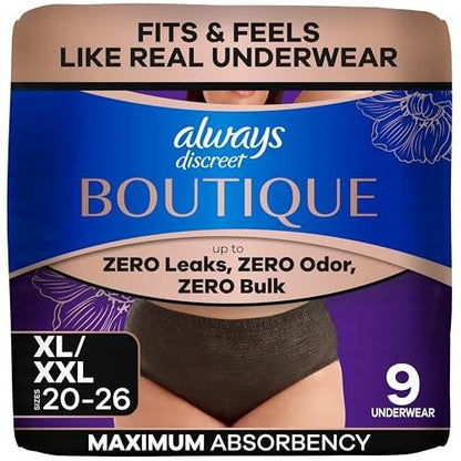 Always Discreet Boutique Incontinence and Postpartum Underwear for Women, Maximum Protection, Extra Large, Black, 9 Count