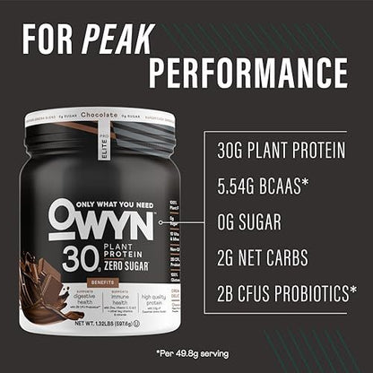 Owyn Only What You Need Pro Elite High Protein Powder, 30g Vegan Protein for Workout Recovery, Delicious Smooth Taste, Zero Sugar, Low Net Carbs, Chocolate, 12 Servings (1.32 LB)