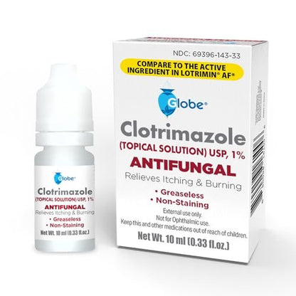 Globe 1% Topical Clotrimazole Solution 10ml Bottle (0.33 Fluid Ounce Liquid) for Athlete’s Foot, Jock Itch, Ringworm Fast-Acting Relief - Extra Strength Formula for Itching, Irritation & Skin Protection