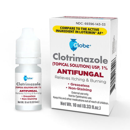 Globe 1% Topical Clotrimazole Solution 10ml Bottle (0.33 Fluid Ounce Liquid) for Athlete’s Foot, Jock Itch, Ringworm Fast-Acting Relief - Extra Strength Formula for Itching, Irritation & Skin Protection
