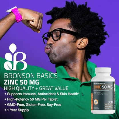 Bronson Zinc 50 MG High Potency Supports Skin Health - Non-GMO, 120 Vegetarian Tablets