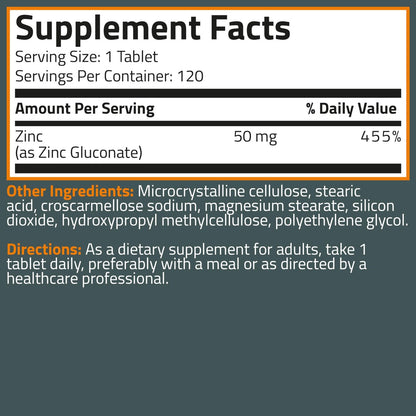 Bronson Zinc 50 MG High Potency Supports Skin Health - Non-GMO, 120 Vegetarian Tablets