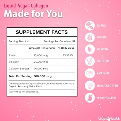 LIQUIDHEALTH 100% Vegan Collagen Plus Biotin 100,000mcg Liquid Drops - Plant-Based Liquid Collagen for Women & Men - Hair & Nail Growth, Skin Health, Boosts Metabolism - Made in USA, Non-GMO (2 Pack) - görsel 12
