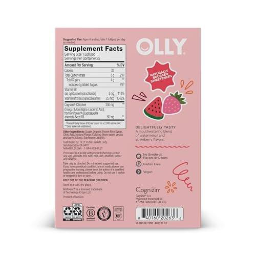 OLLY Focus Buddies L’OLLY Pops, Cognizin, Vitamins B6 and B12, Omega-3 ALA, Supports Focused Attention and Healthy Brain Function,* Kids 4+ Dietary Supplement, Watermelon Strawberry Flavored, 25 Count - görsel 2