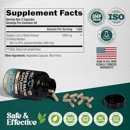 Lions Mane Supplement Capsules - for Women & Men - Organic Lions Mane - Fruiting Bodies Extract - 1200 mg, 25% Polysaccharides - Memory & Focus Support - 120 Capsules, 2 Month Supply