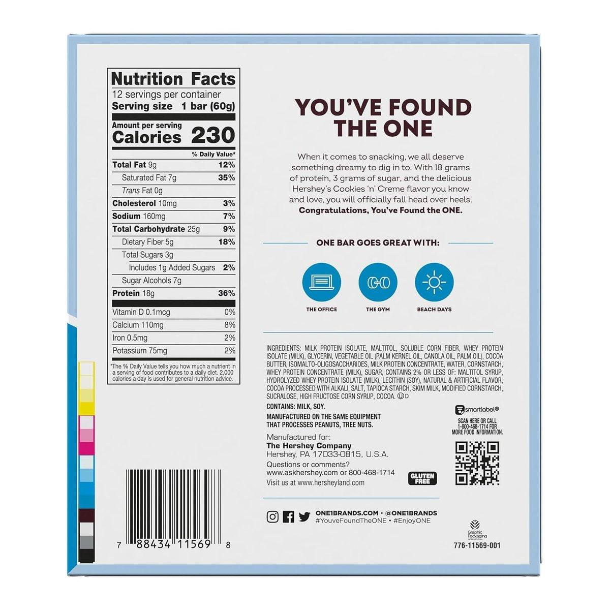 ONE Protein Bars, Hershey's Cookies 'n' Creme, Gluten Free with 18g Protein and 3g Sugar, Pantry Staples, 2.12 oz (12 Count) - görsel 4