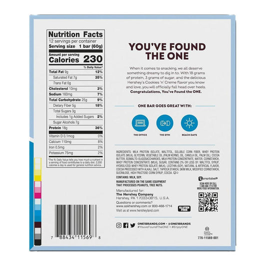 ONE Protein Bars, Hershey's Cookies 'n' Creme, Gluten Free with 18g Protein and 3g Sugar, Pantry Staples, 2.12 oz (12 Count)