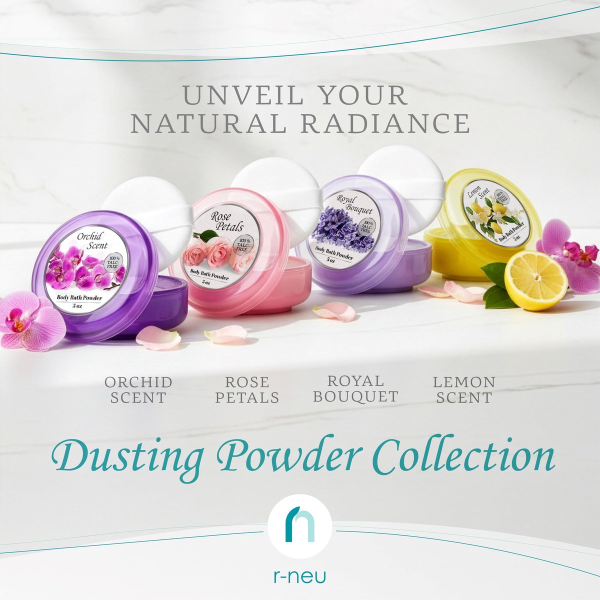 R-NEU 2 Pack Body Powder for Women with Powder Puff, 100% Talc-Free, Elegant Rose Petal Scented Dusting Powder, After Bath for Soft Skin, Extra Large (10 oz) - görsel 6