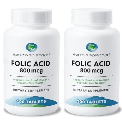 Earth's Splendor Folic Acid 800 mcg Supplement, Supports Heart Health, Supports Women's Reproductive Health, Smooth Coated Tablets (800 mcg, 200 Tablets, Pack of 2) - görsel 2