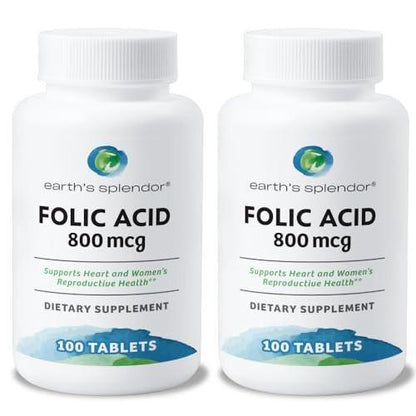 Earth's Splendor Folic Acid 800 mcg Supplement, Supports Heart Health, Supports Women's Reproductive Health, Smooth Coated Tablets (800 mcg, 200 Tablets, Pack of 2)